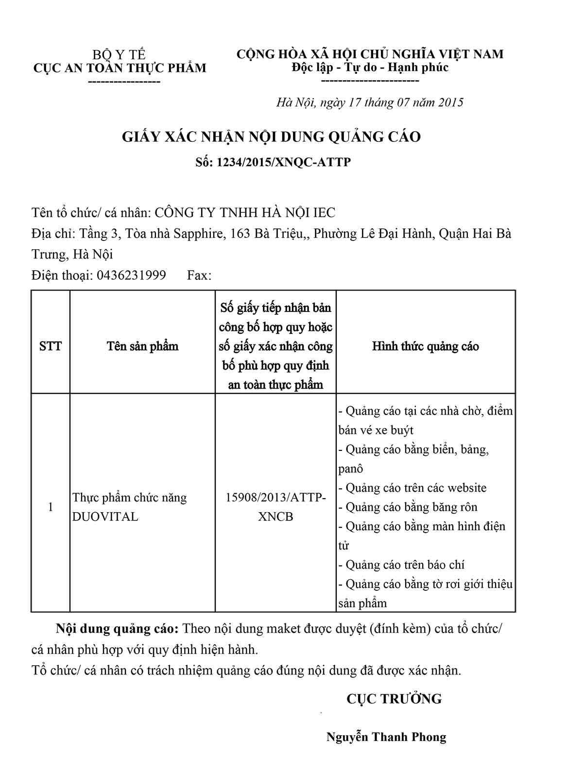 Giấy xác nhận quảng cáo DuoVital